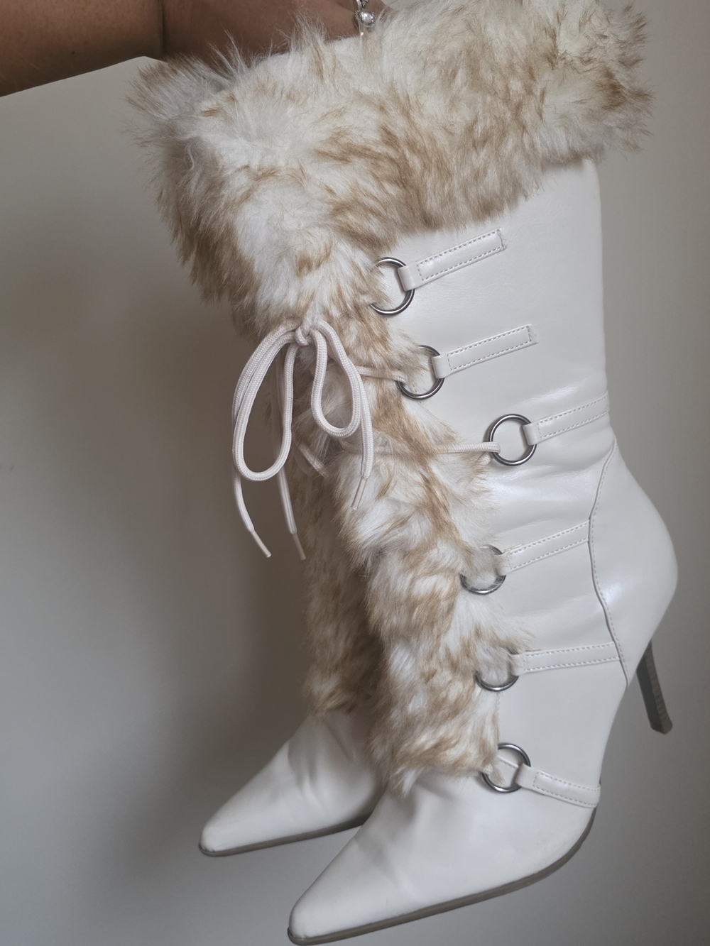 Delicious White Fur Trim Stiletto Boots - Picture 4 of 9